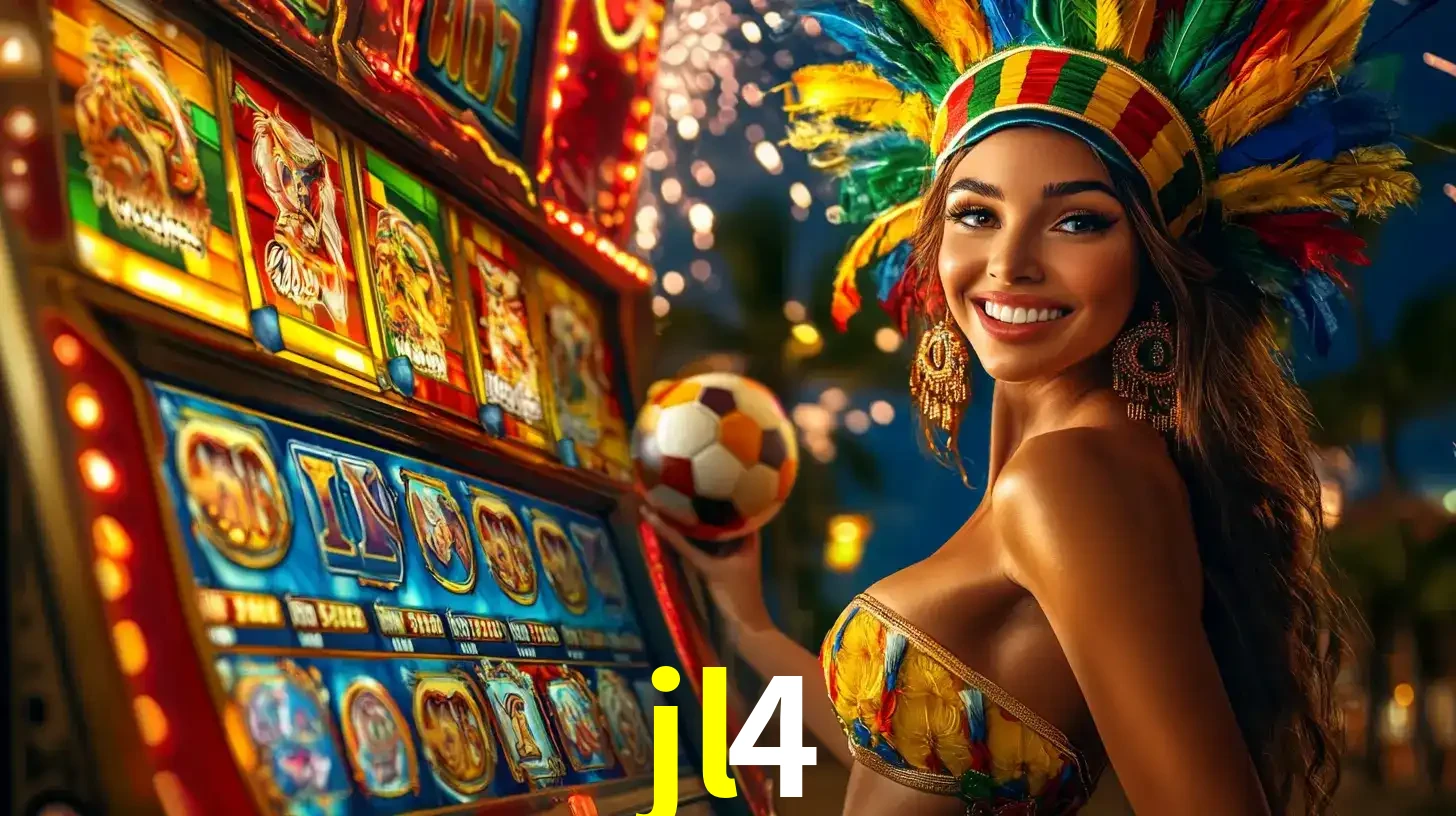 Mulher com um cocar de carnaval ao lado de uma máquina de caça-níqueis enquanto segura uma bola de futebol, mostrando a união da diversão de cassino e esportes no jl4.