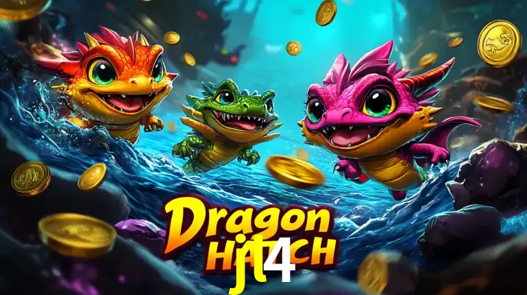 Arte promocional do jogo Dragon Hatch com três adoráveis dragões bebês nadando entre moedas de ouro, um dos slots mais divertidos para jogar no cassino jl4.