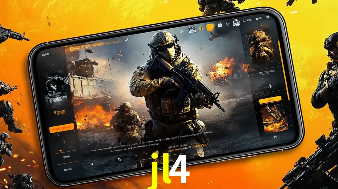 Um smartphone exibindo a interface de um jogo de tiro em primeira pessoa, com um soldado em um cenário de batalha, representando a ação dos e-sports para apostar no jl4.