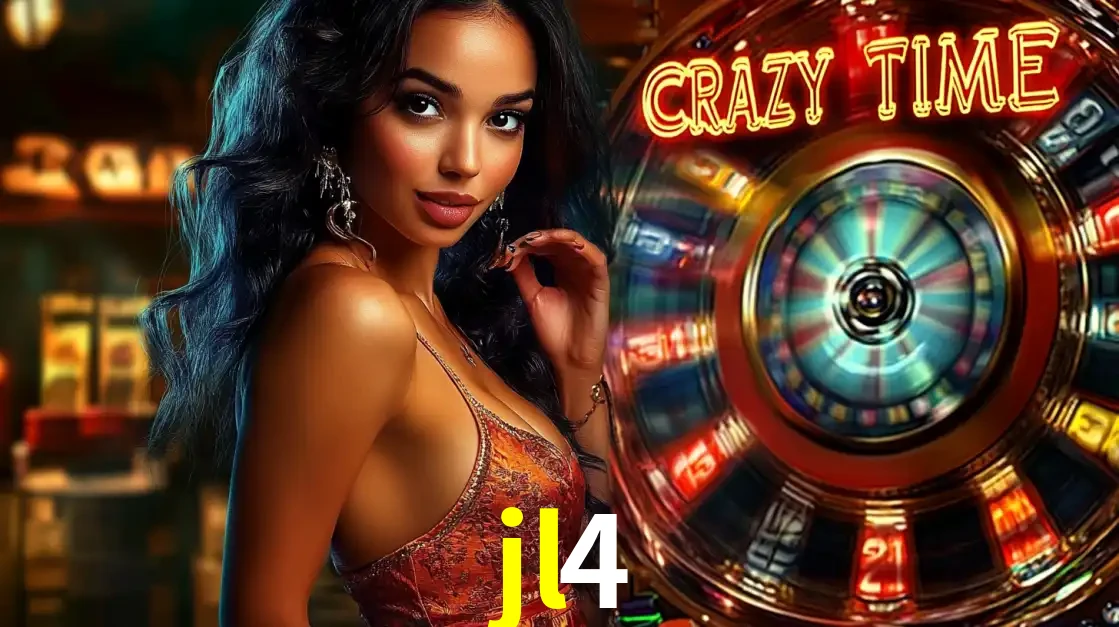 Mulher elegante ao lado da vibrante roda da fortuna do jogo de cassino ao vivo Crazy Time, um dos game shows mais populares e cheios de prêmios do jl4.