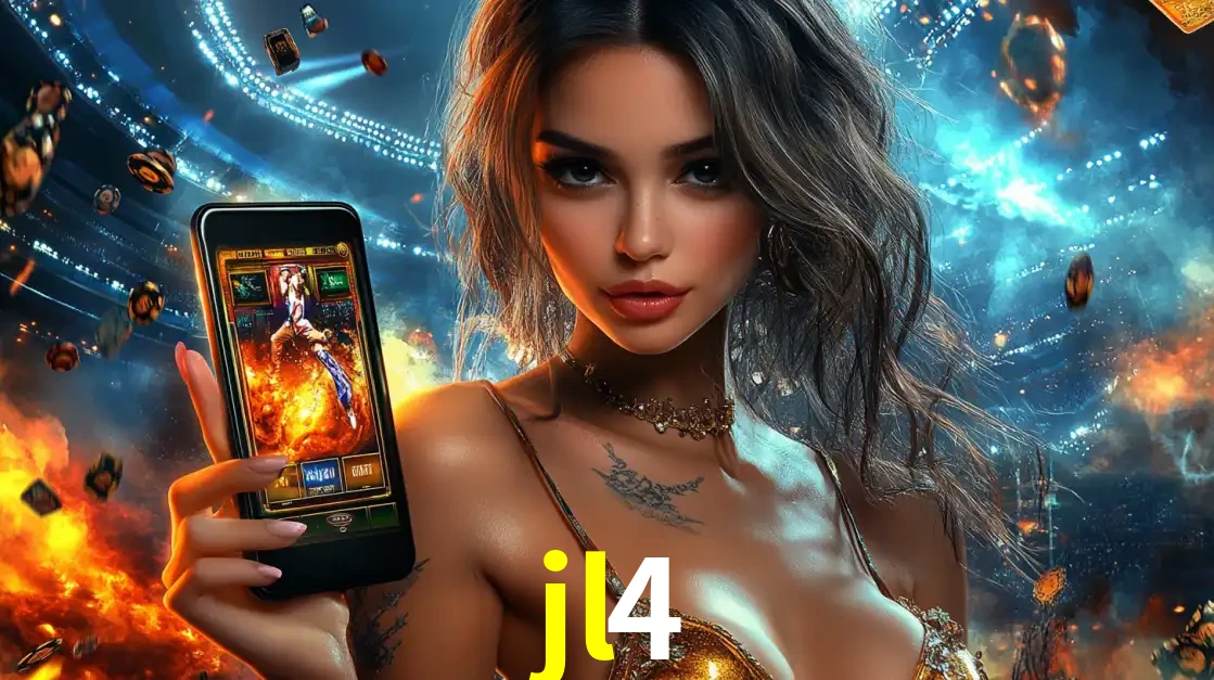 Mulher segurando um celular com um jogo de slot em destaque, tendo como fundo um estádio vibrante, simbolizando a emoção de jogar no cassino móvel jl4.