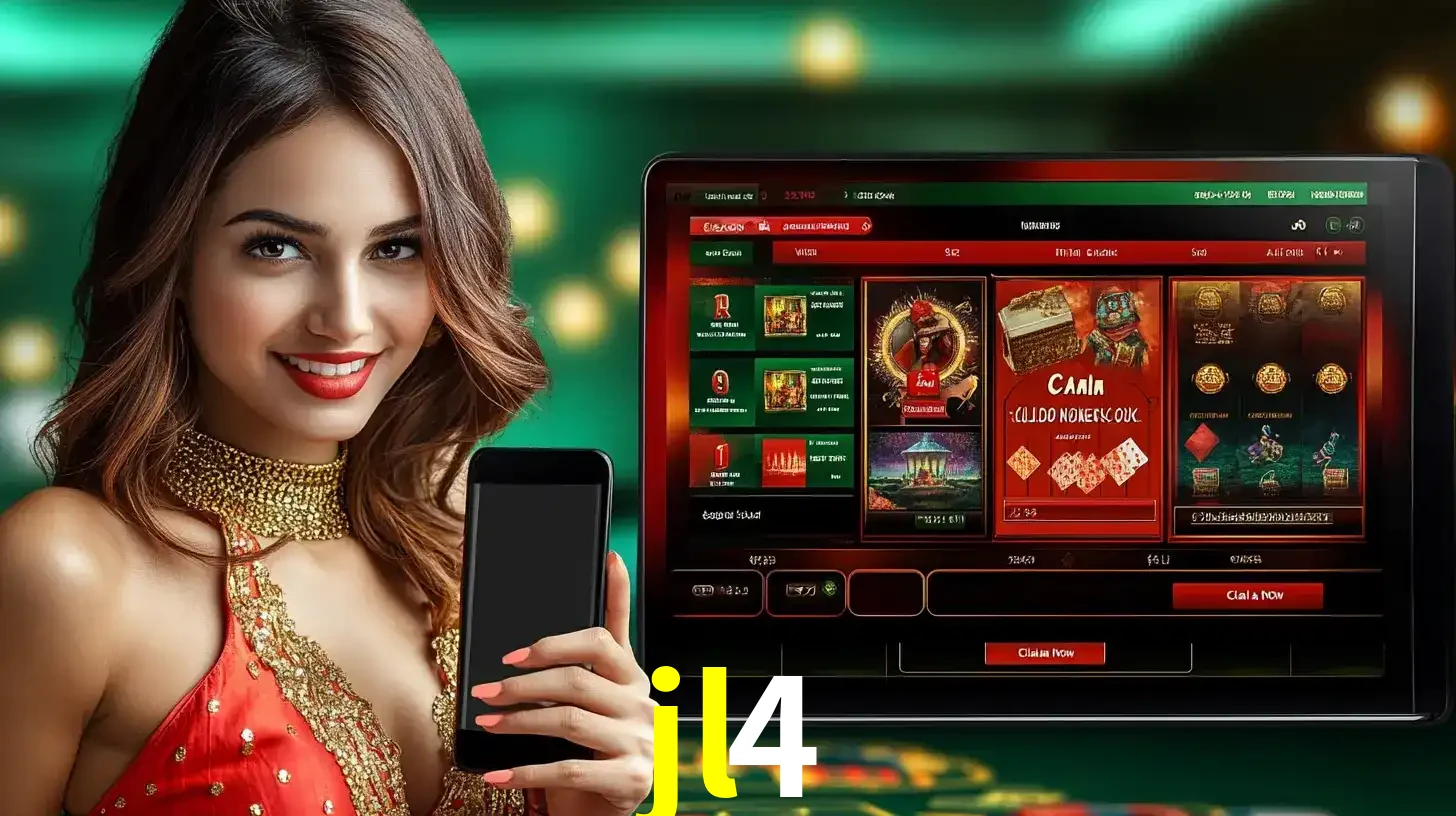 Mulher sorridente segurando um smartphone, ao lado de uma tela exibindo o lobby de jogos do cassino online jl4, com várias opções de jogos de cartas e slots.